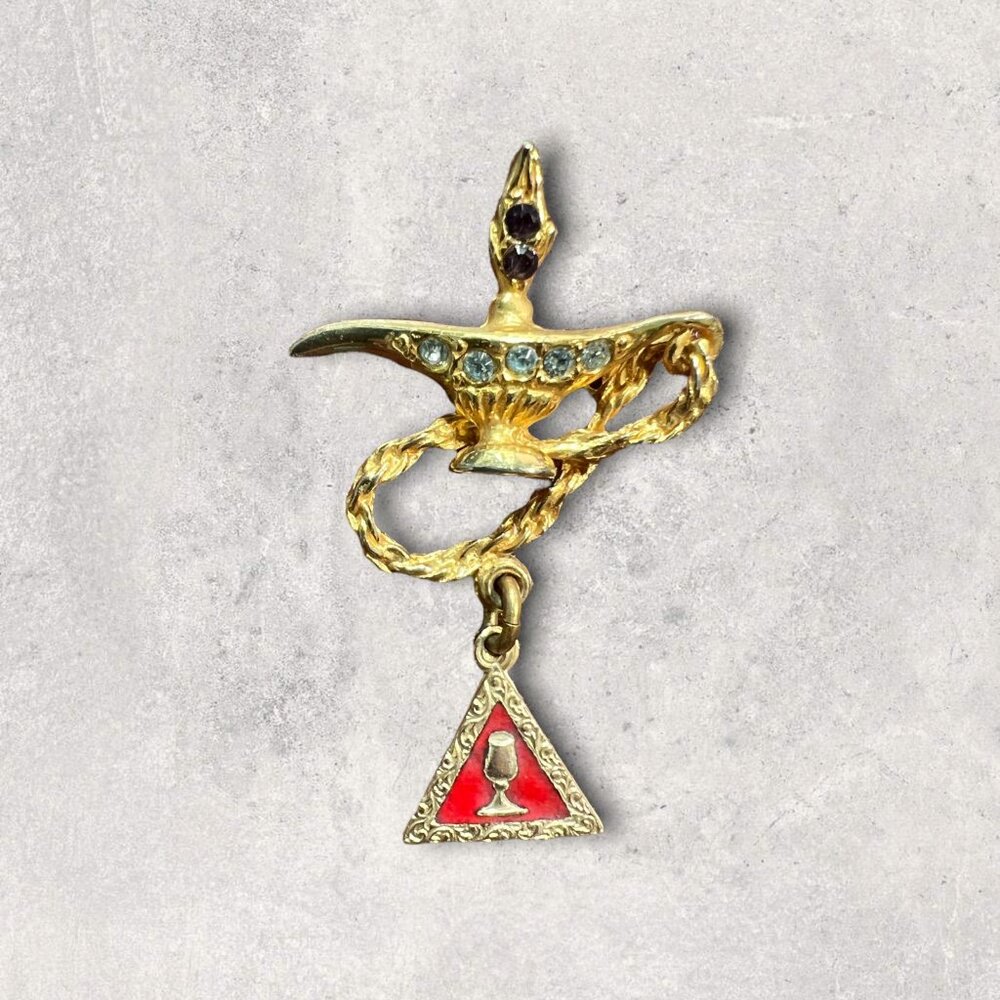 Free Mason Lapel Pin Cross Genie Lamp Rhinestone Shriner Lodge Goldtone Vintage‎